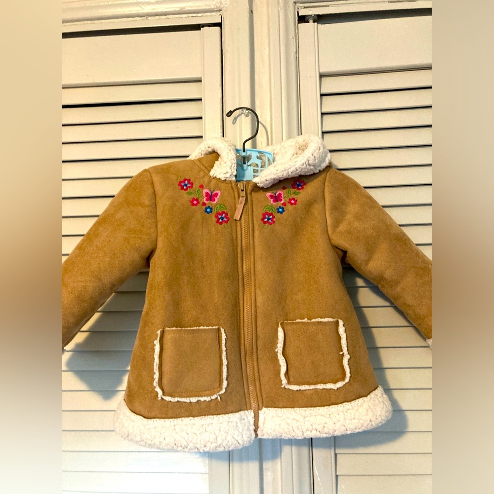 Little Me Girls Tan Suede Jacket Coat Floral Fleece Hoodie Zipper 18M Warm